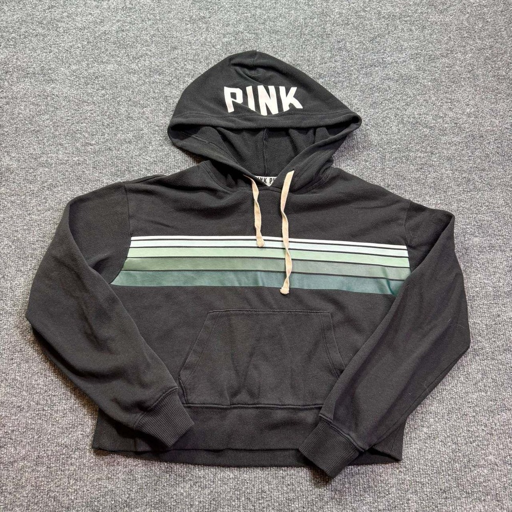 Victoria Secret PINK Hoodie Womens XS Black Cropped Logo Striped‎ Drawstring